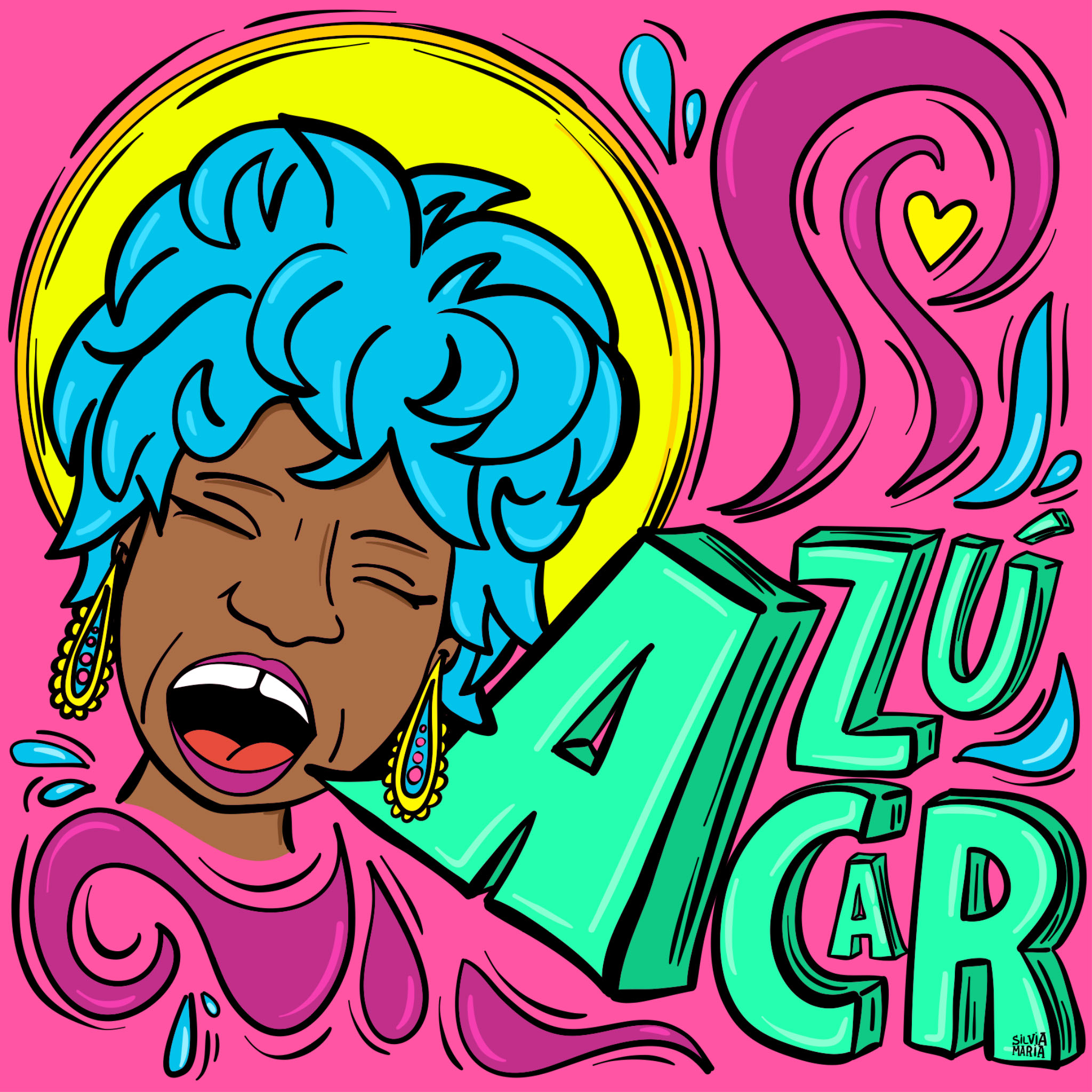 Colorful Azúcar illustration with expressive lettering and a joyful singer