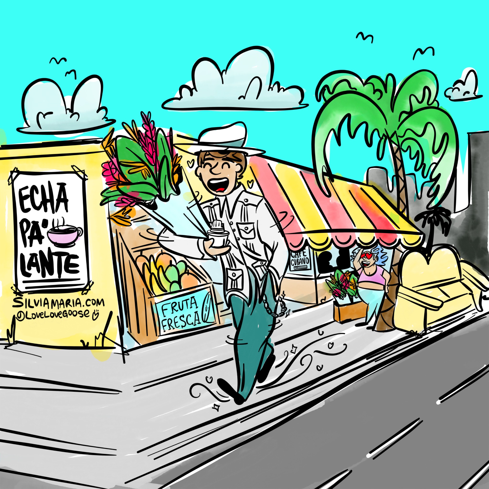Colorful Cuban café street scene with a smiling server, fruit stand, striped awning, and Miami palms