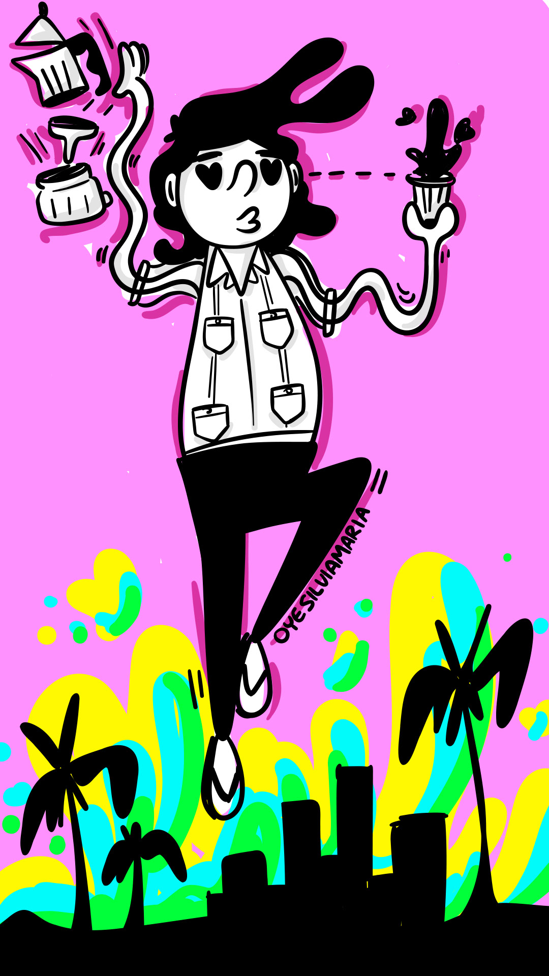 Cartoon woman balancing cafeteras and cups against a bright pink Miami background