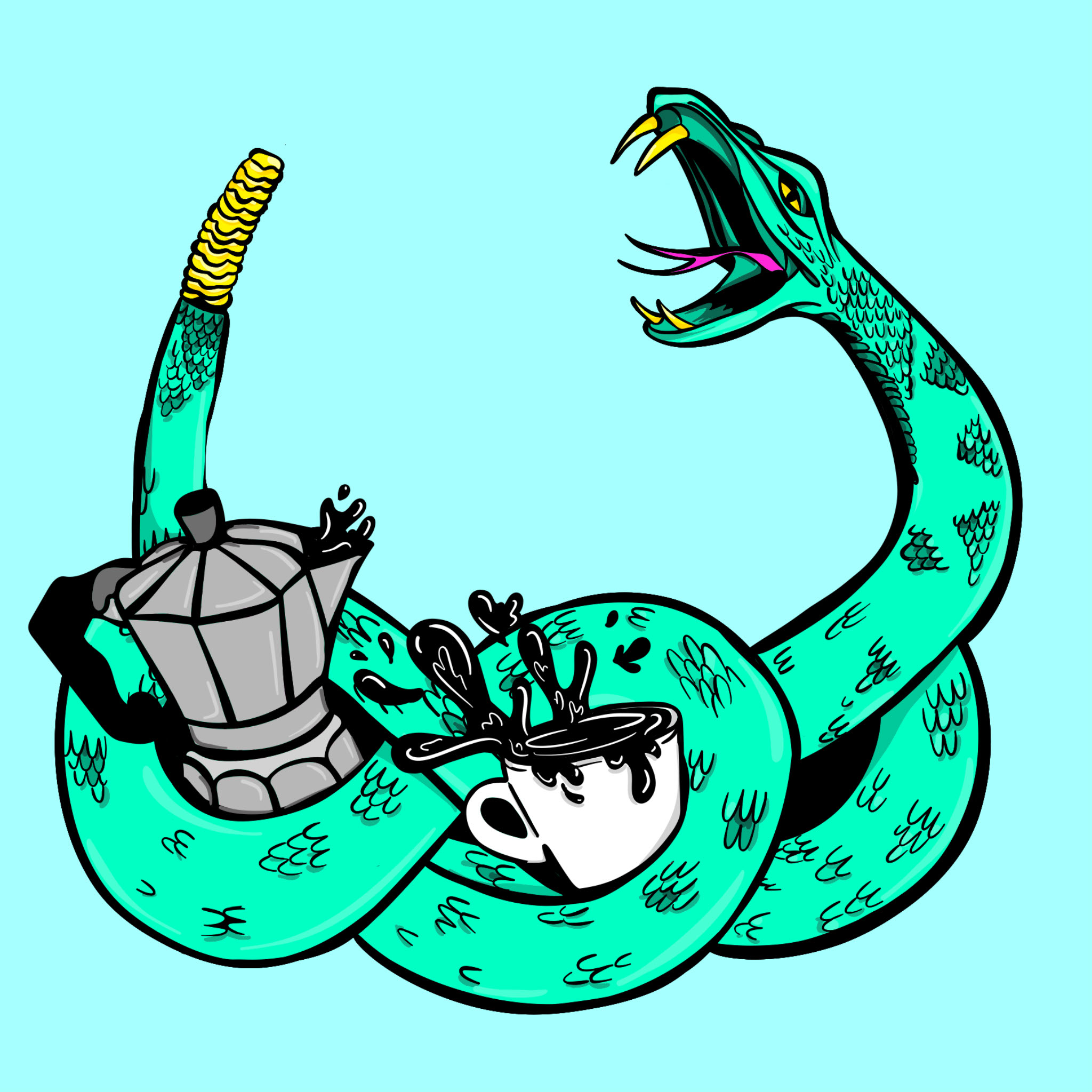 Turquoise cartoon snake curled around a cafetera and a cup of coffee