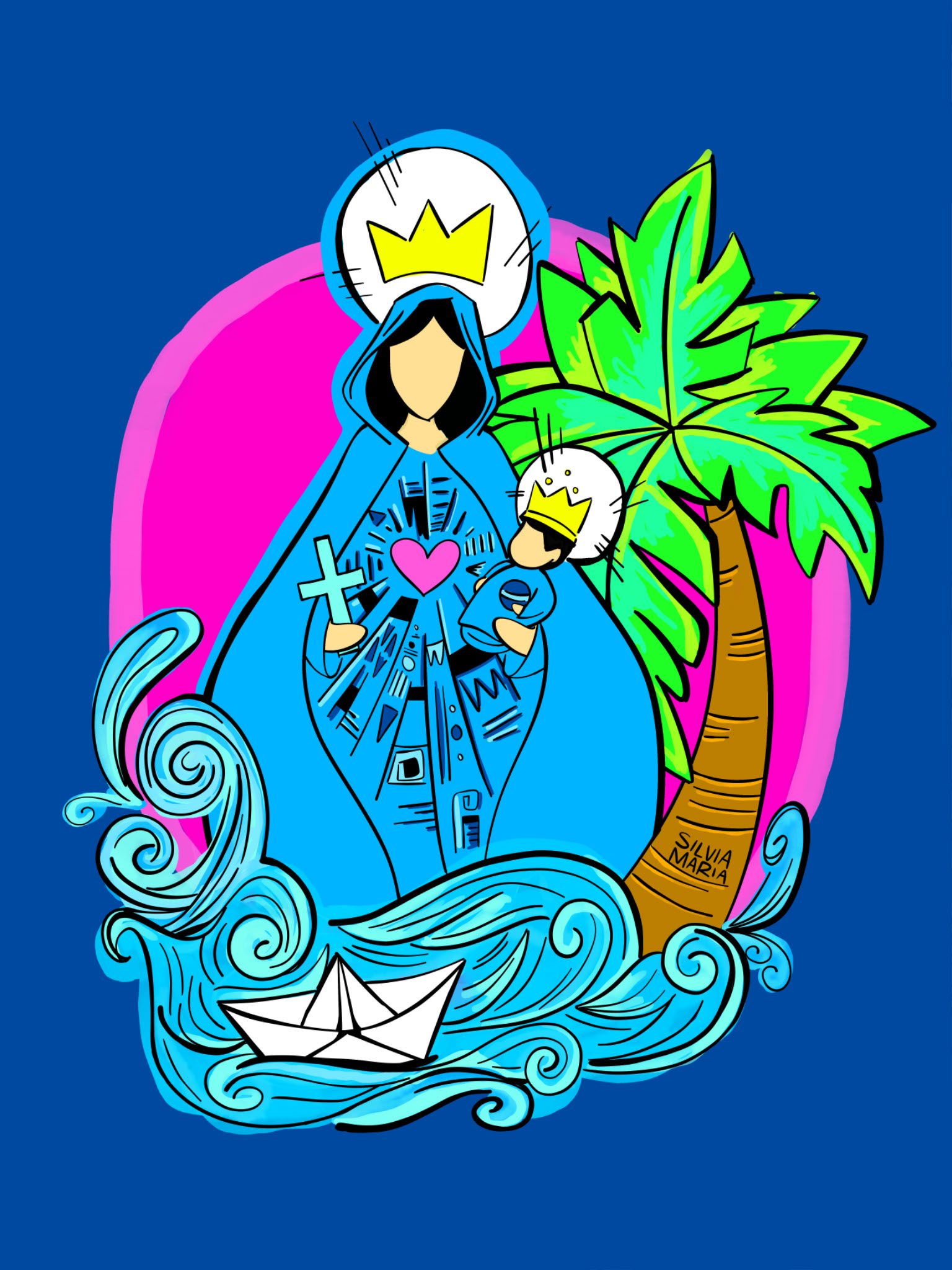 Colorful Caridad illustration surrounded by waves, a palm tree, and a paper boat