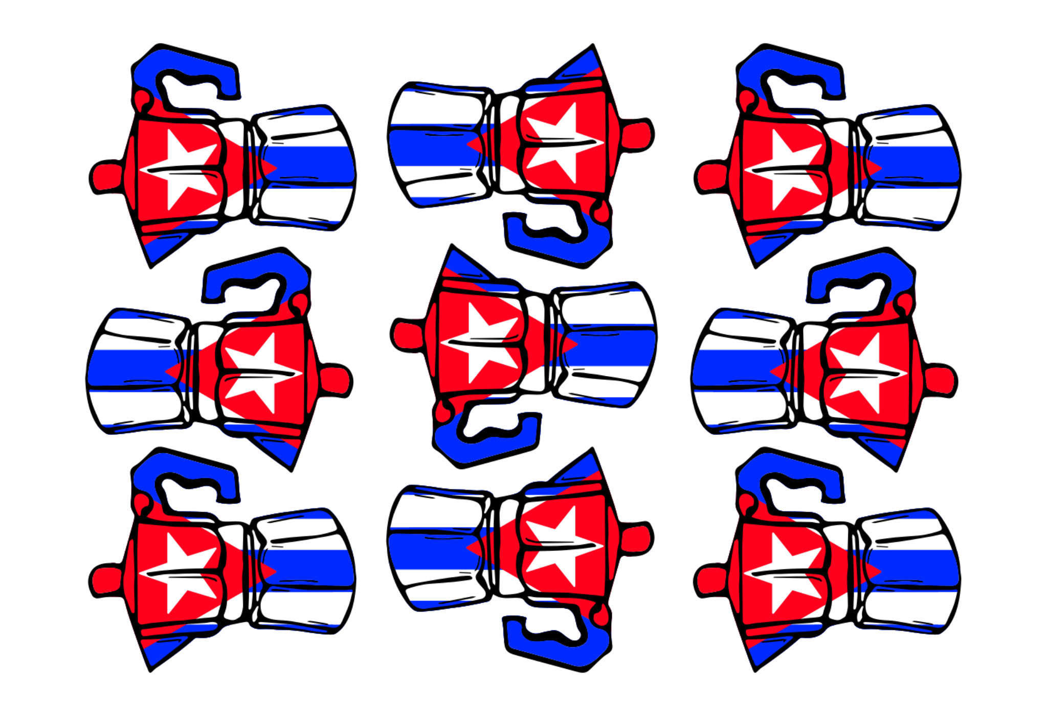 Pattern of hand-drawn moka pots decorated in red, white, and blue like the Cuban flag