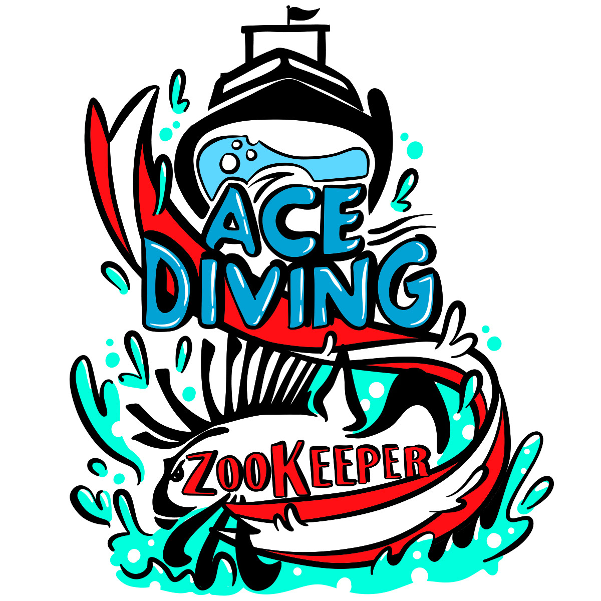 Original Ace Diving and ZooKeeper chest illustration with a boat, lionfish, waves, and turquoise splashes