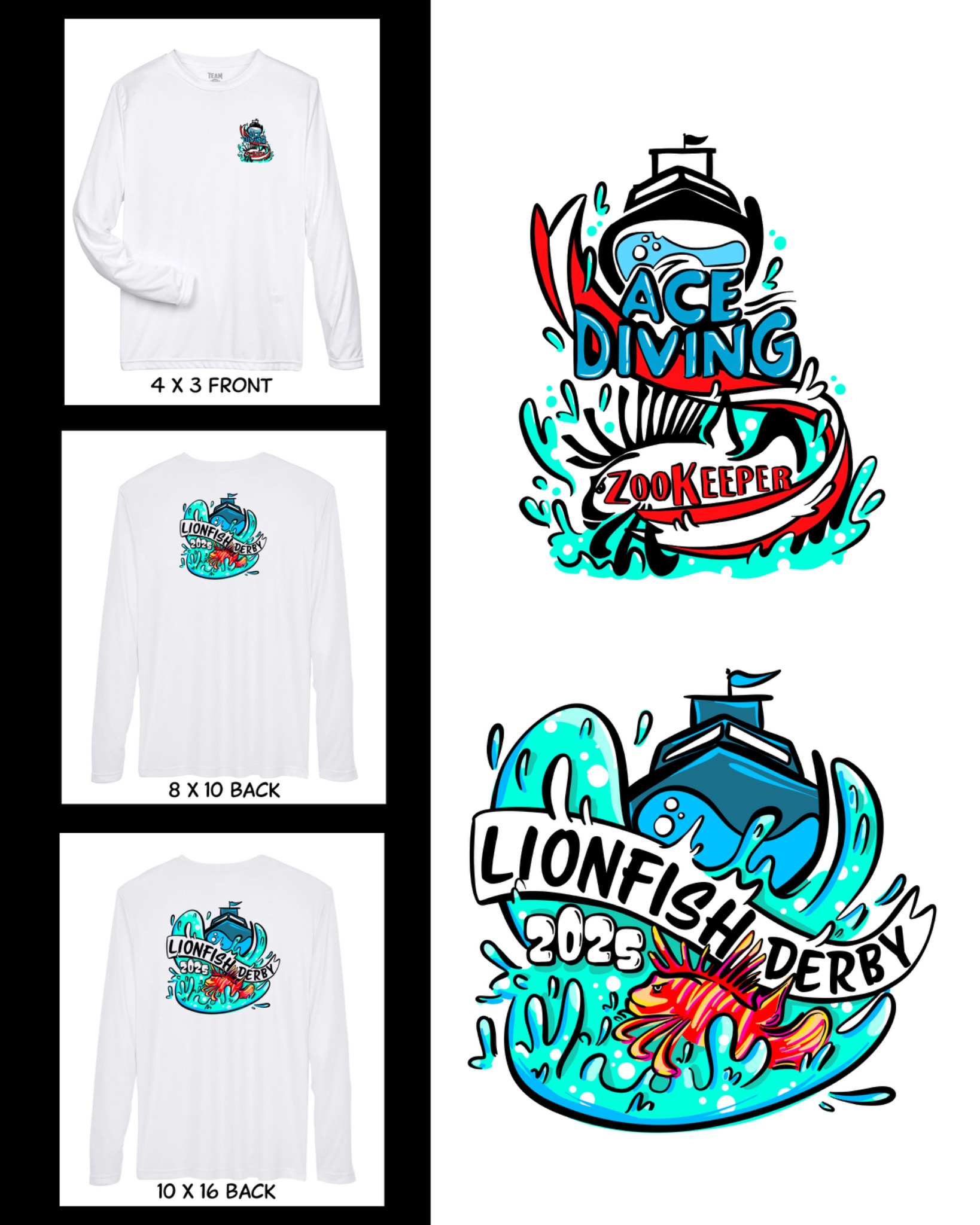 Production sheet showing the front and back Lionfish Derby shirt illustrations and placement options