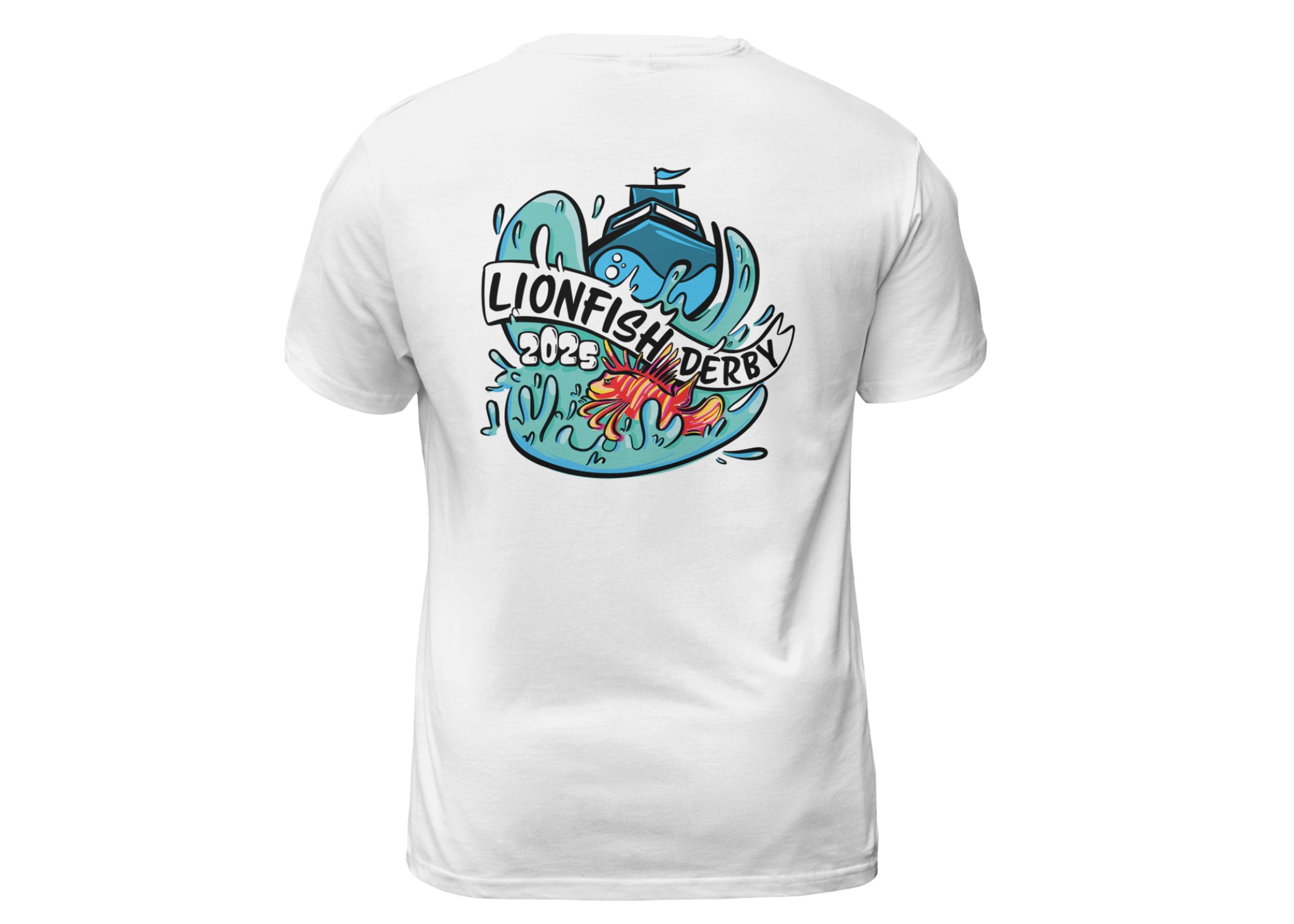 White shirt mockup showing the large colorful Lionfish Derby 2025 illustration on the back
