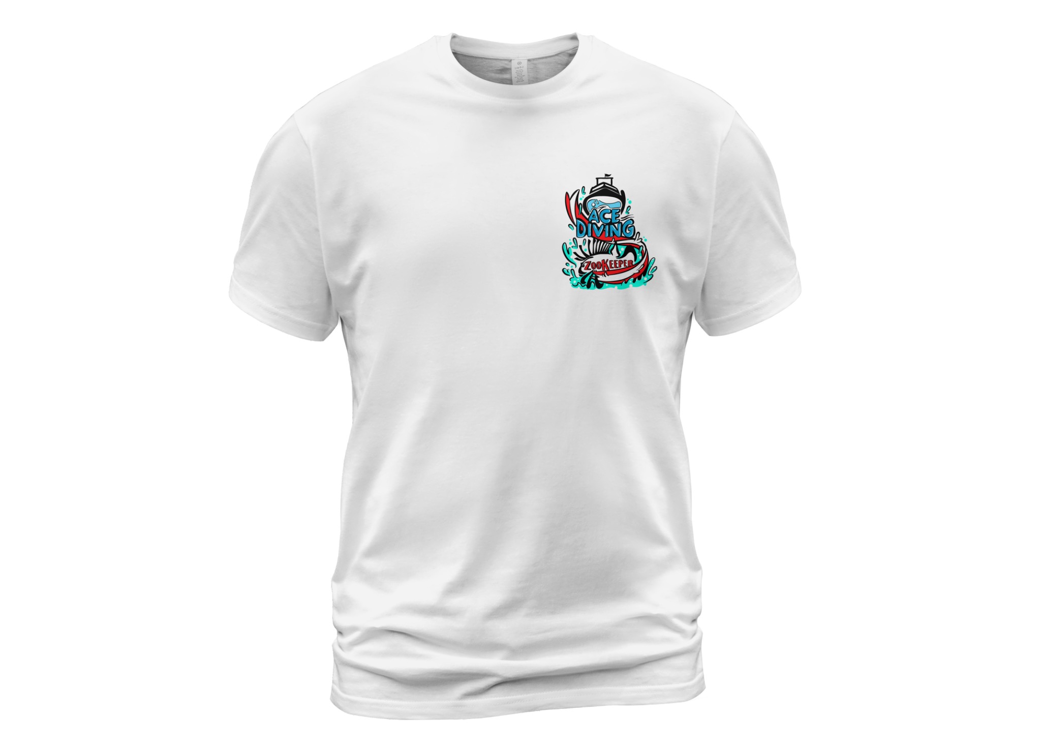 White shirt mockup showing the small Ace Diving and ZooKeeper lionfish illustration on the front chest