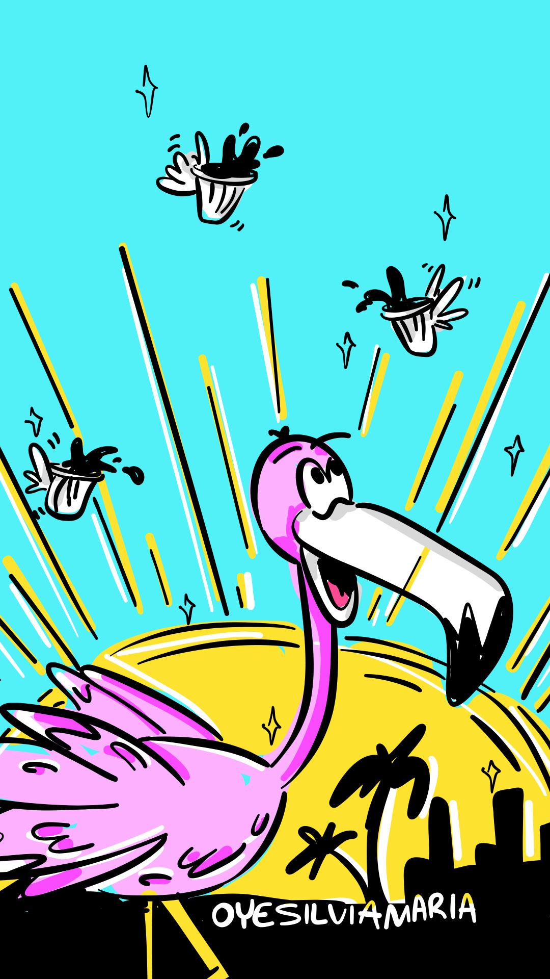 Pink flamingo in front of a yellow sun and Miami skyline with flying paint cups
