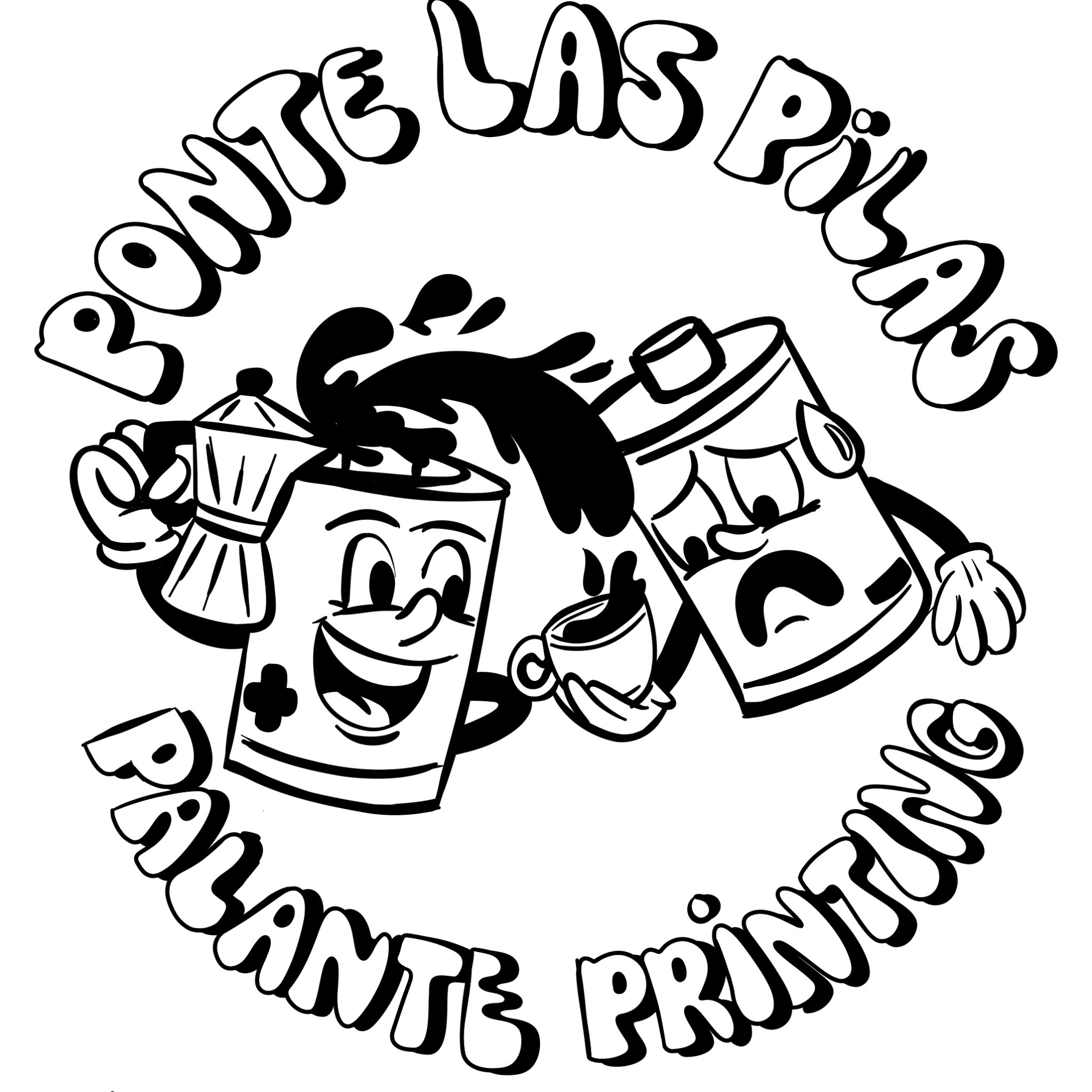 Black and white Ponte las Pilas illustration with two cartoon coffee characters