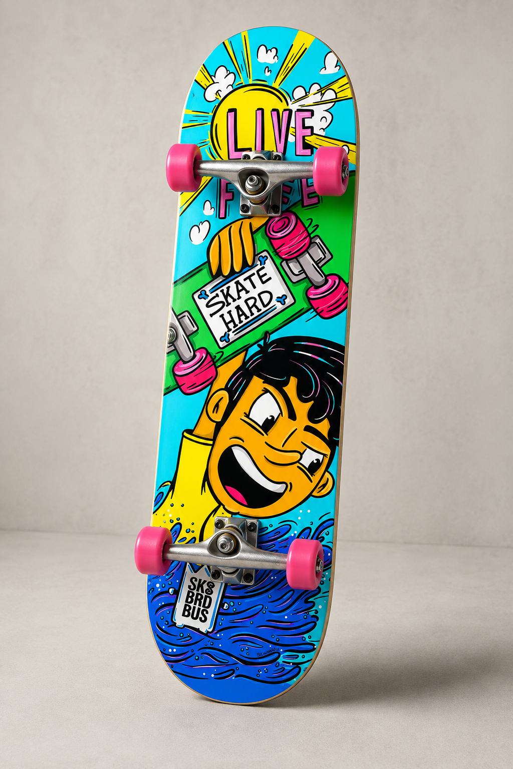 Photorealistic skateboard mockup displaying Silvia Maria’s colorful SK8 BRD BUS illustration with pink wheels
