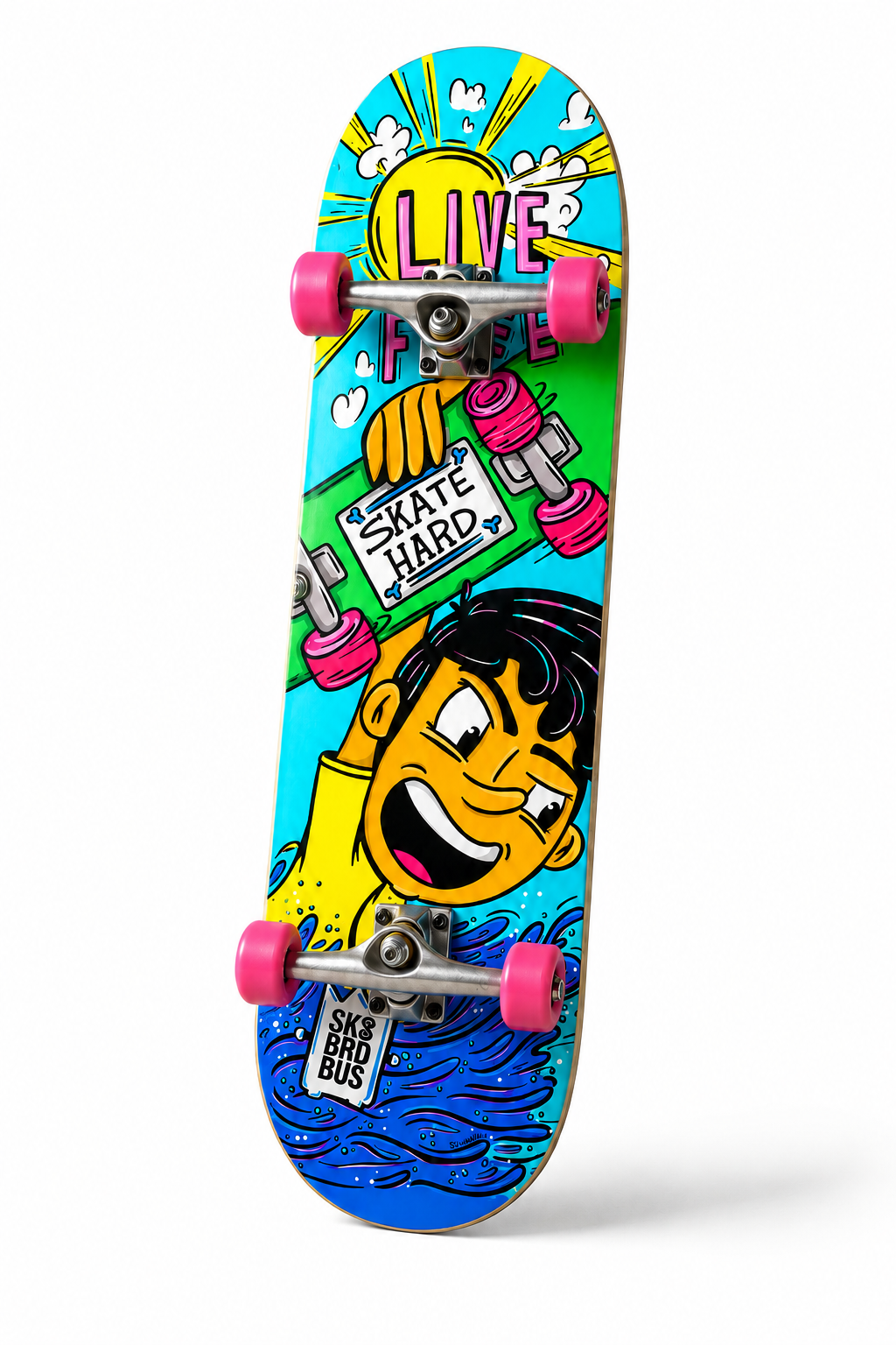 Clean white-background skateboard mockup featuring the Live Free Skate Hard character artwork