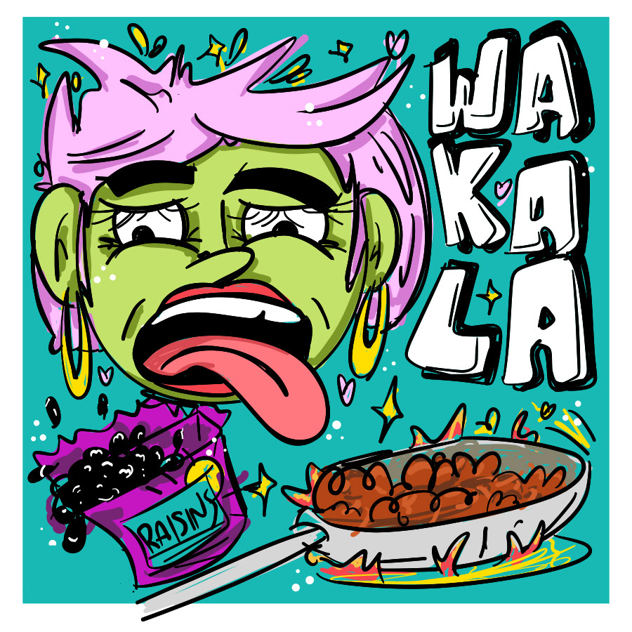 Colorful cartoon reaction illustration with a green face, raisins, food, and the word Wakala